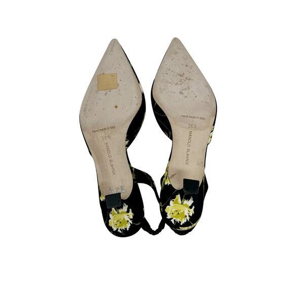 Manolo Blahnik Carolyne 50 Floral Slingback Pumps Black Yellow EU 36.5